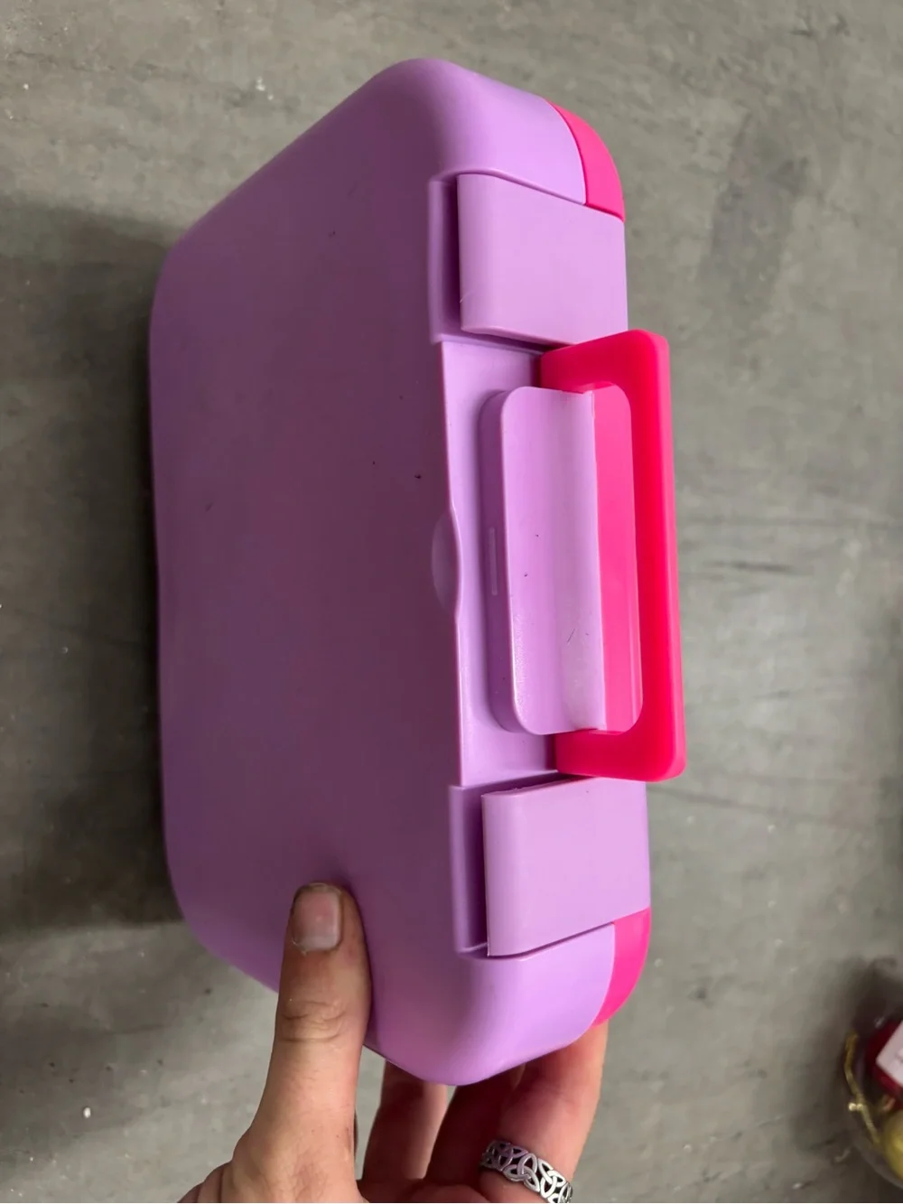 Pink Purple Plastic Bento Box 4 Compartments Snap Lid Handle w/ Fork Spoon